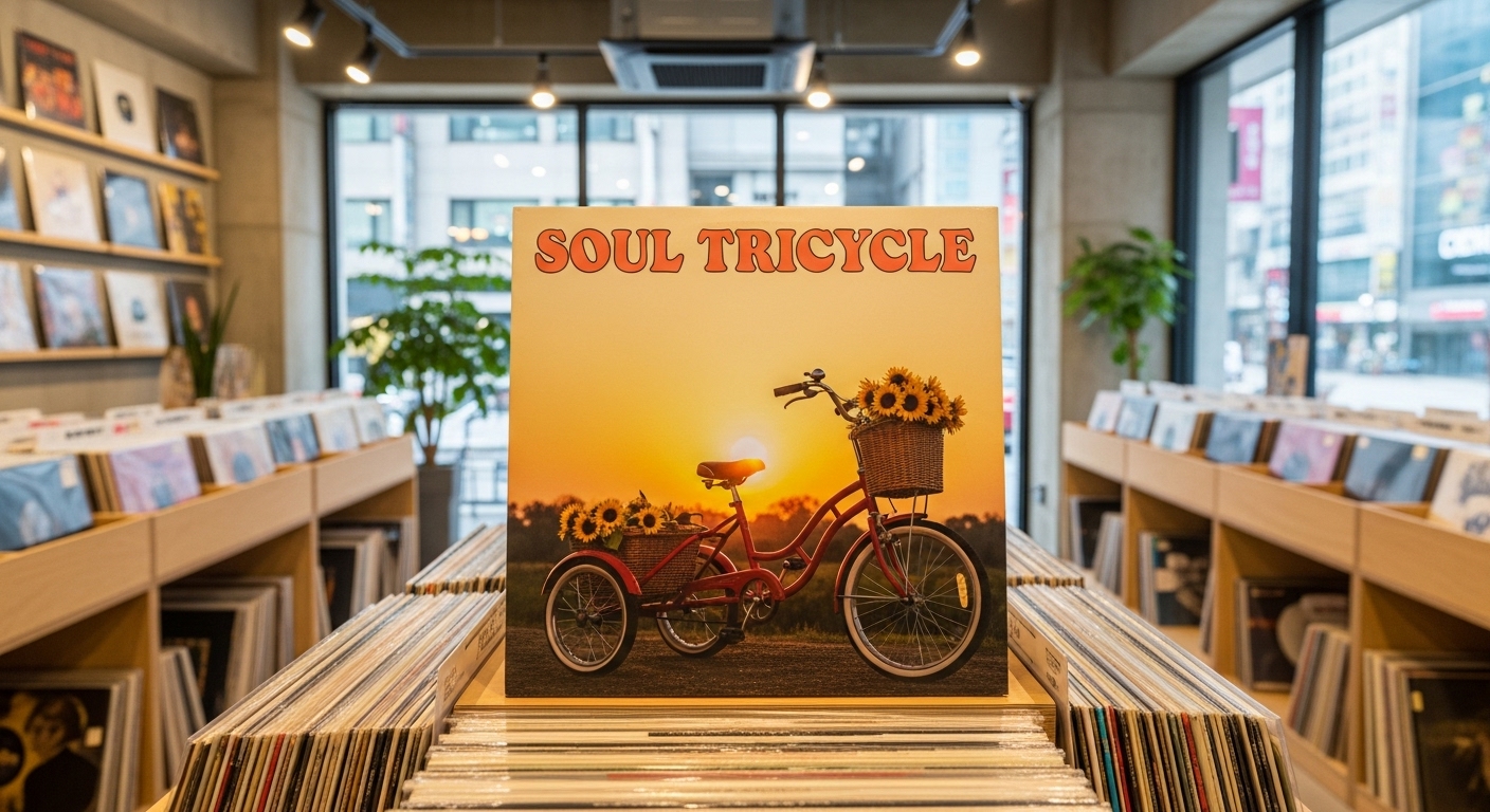 현대적인 한국 레코드 가게에 진열된 'Soul Tricycle' 앨범 커버에 빈티지한 세발자전거 이미지
