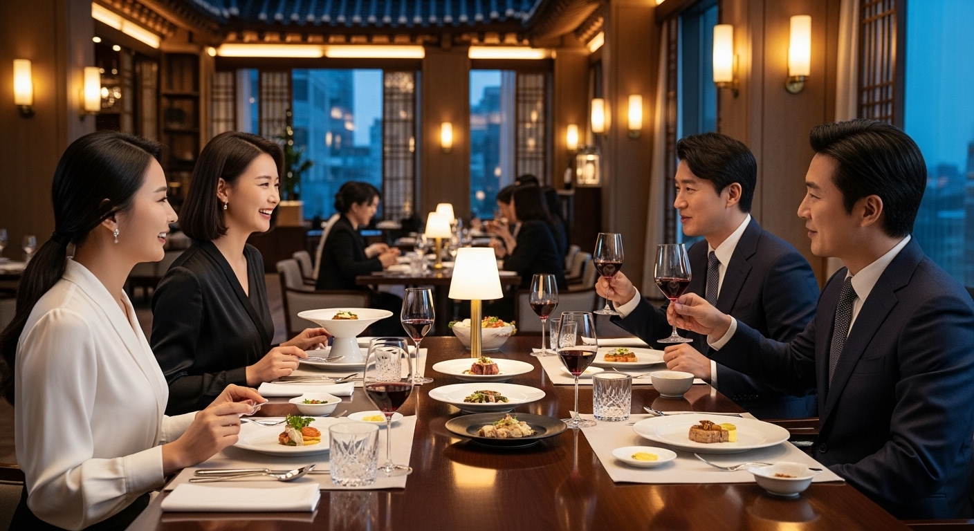 세미 포멀 복장의 손님들이 고급 레스토랑에서 식사하는 모습