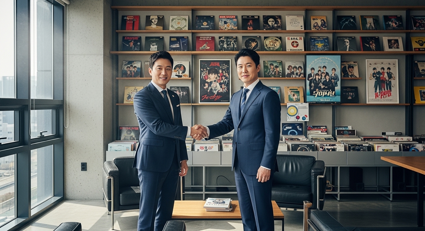 현대 사무실에서 악수하는 두 한국 사업가와 음악 앨범 및 포스터