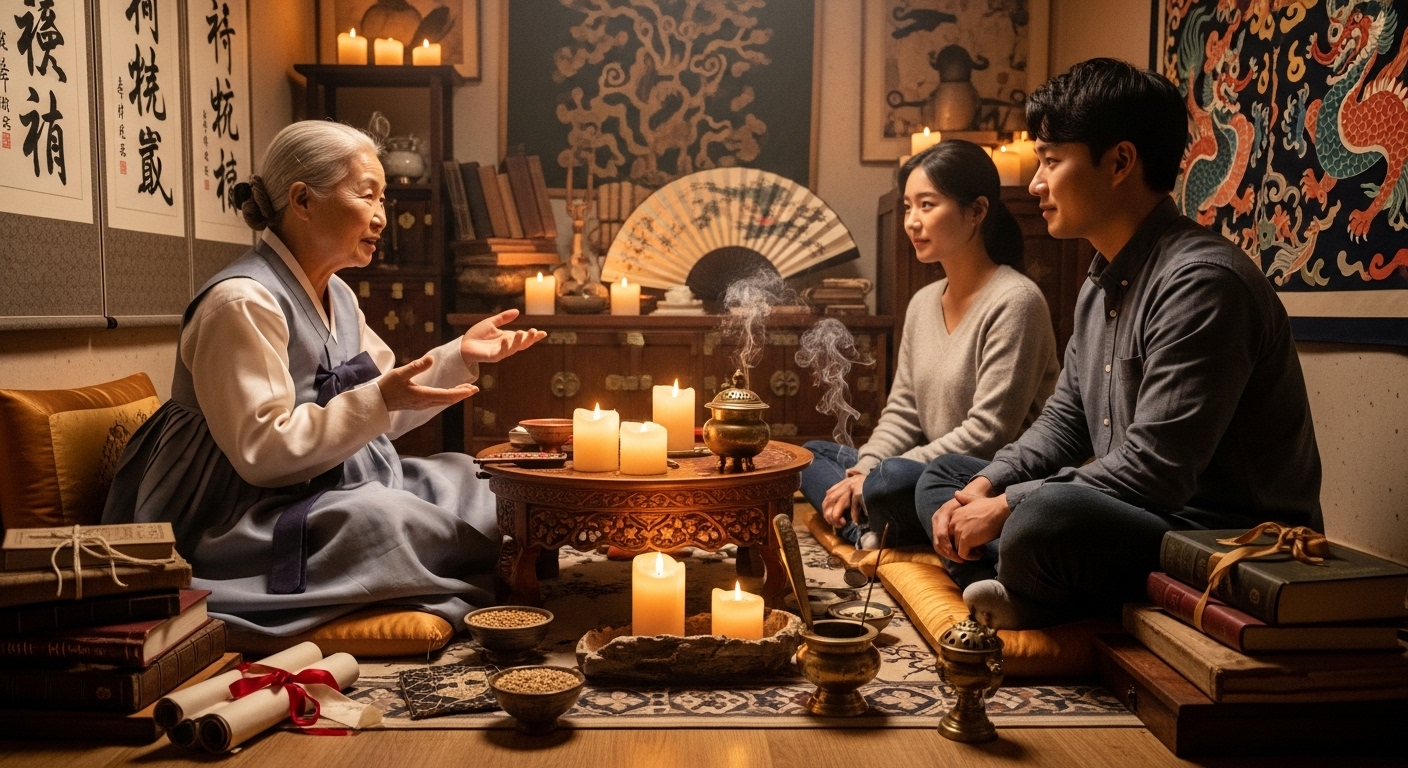 작은 방에서 젊은 커플에게 삼재를 설명하는 전통적인 한국 점술가