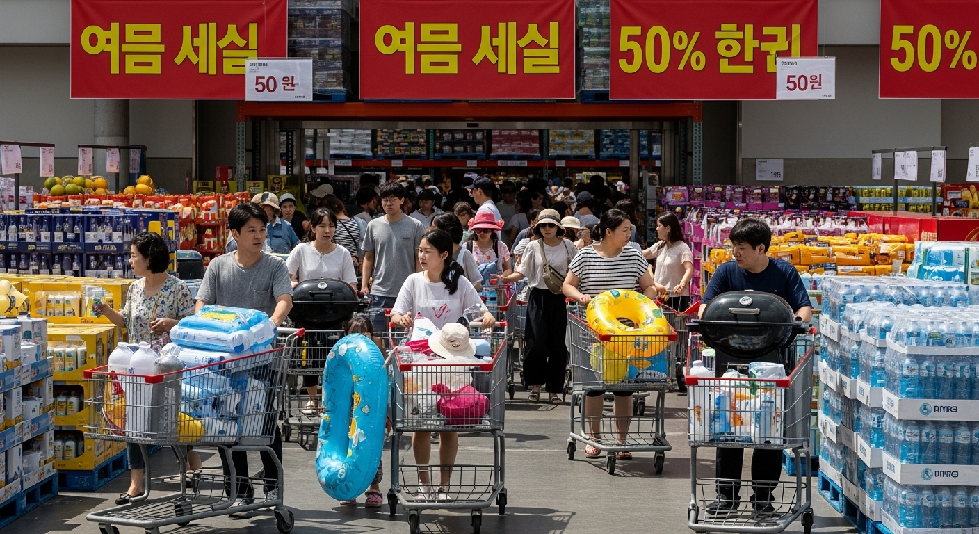 활기찬 분위기의 코스트코 입구와 쇼핑카트를 가득 채운 가족들