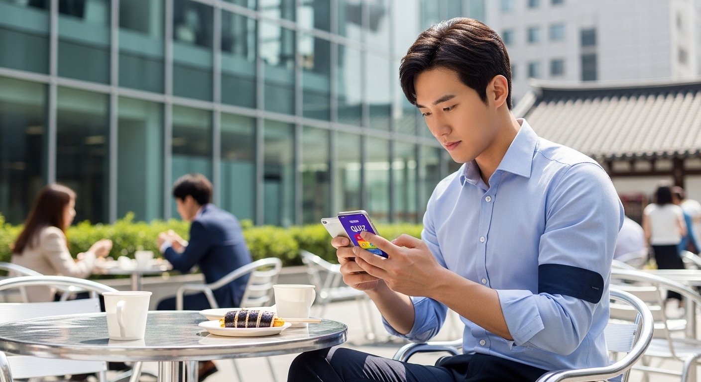 점심시간에 퀴즈 업데이트를 확인하는 직장인의 모습
