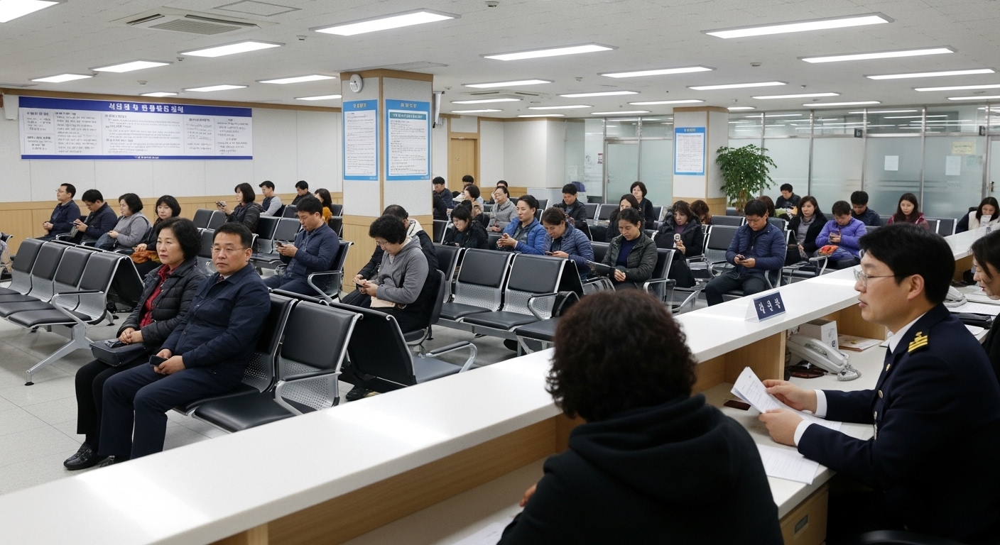 가족관계등록과에서 대기하며 직원에게 안내받는 사람들
