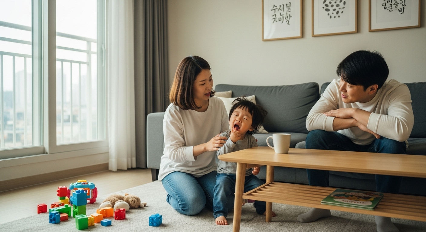 거실에서 놀고 있는 아기와 부모의 모습