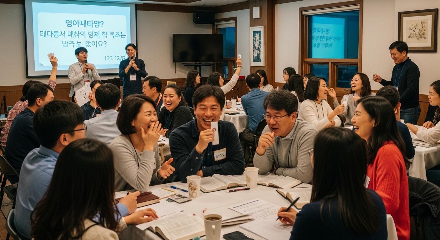 교회 수련회에서 다양한 참가자들이 성경 퀴즈에 활발히 참여하며 웃고 있는 모습