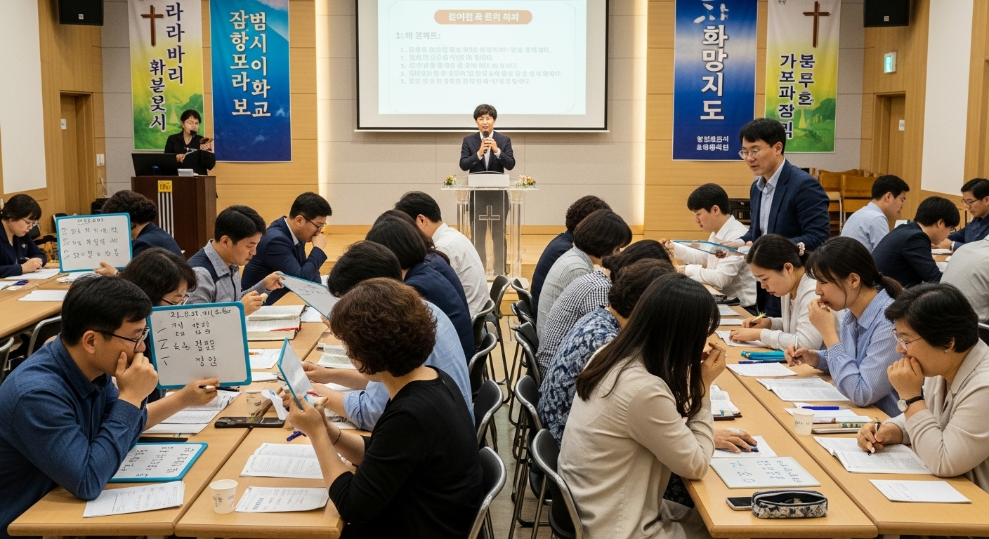 교회 행사에서 팀으로 나뉘어 열정적으로 성경 퀴즈에 참여하는 다양한 한국인들