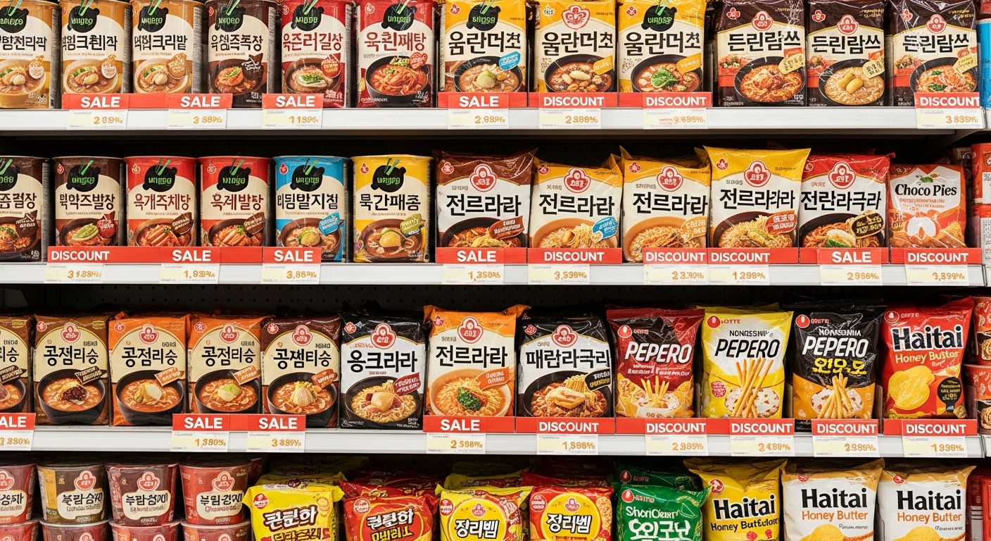 CJ 비비고와 오뚜기 라면 등 다양한 간편식이 할인된 상태로 진열된 매장