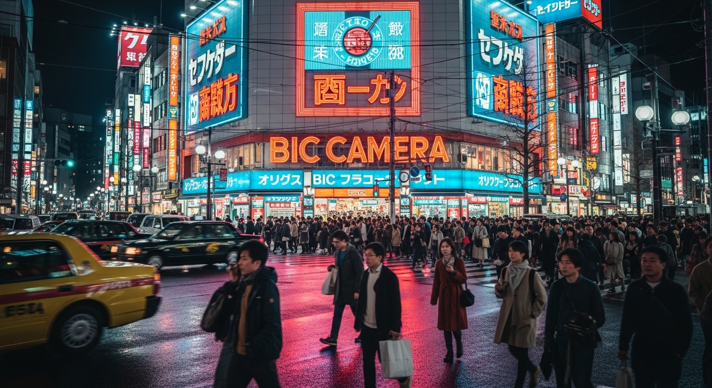 도쿄 거리의 네온사인과 사람들이 붐비는 인기 있는 주류 상점 근처 모습