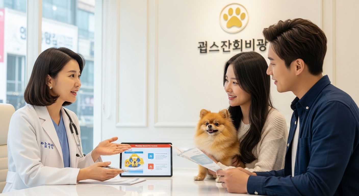 수의사가 현대적인 동물병원에서 젊은 부부에게 프리미엄 보험 혜택을 설명하는 장면