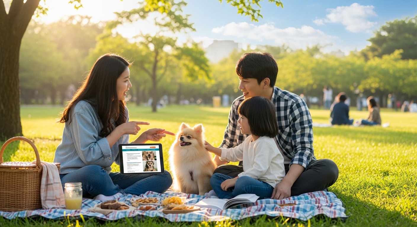 공원에서 피크닉 중인 젊은 가족이 경제적인 펫보험 옵션을 논의하는 장면