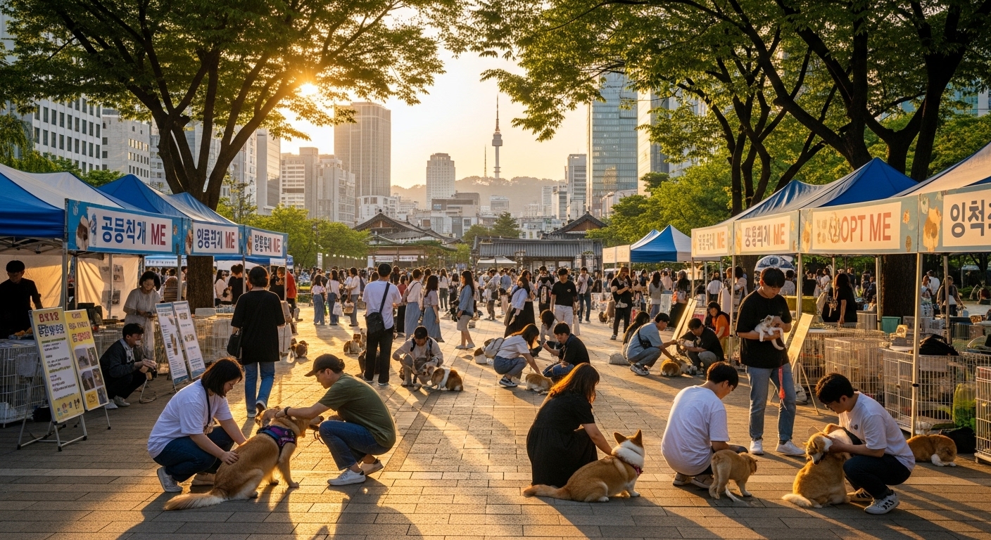 서울의 공원에서 진행 중인 반려동물 입양 행사와 참여하는 젊은이들