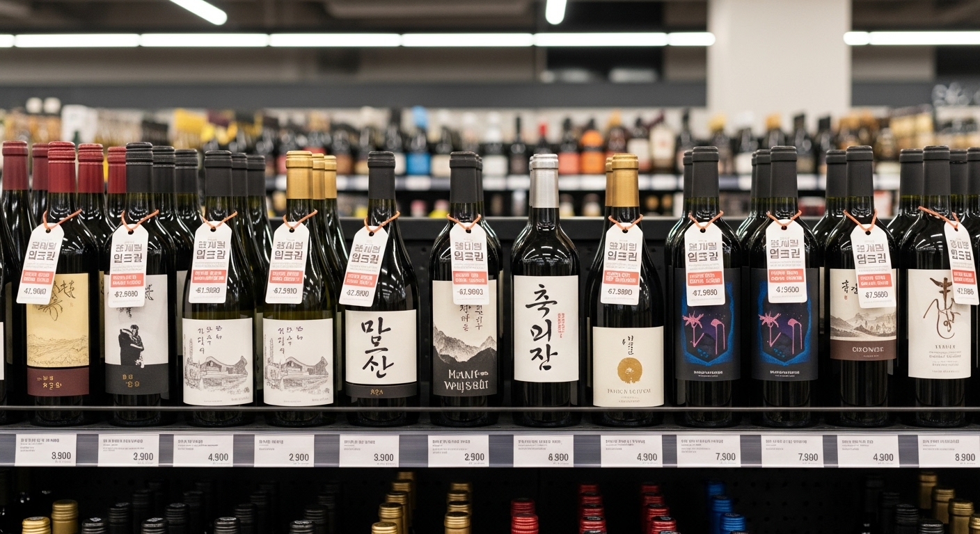 다양한 디자인의 저가 와인이 매대에 진열되어 있는 모습