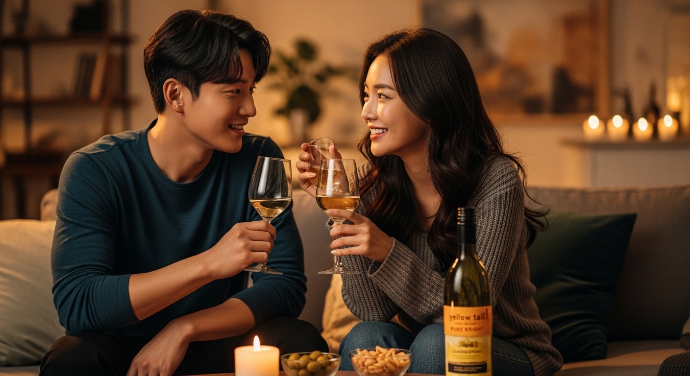 젊은 커플이 집에서 편안하게 엘로우테일 샤도네이를 즐기는 모습