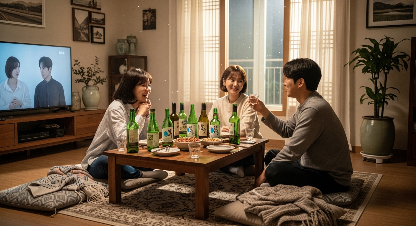 거실 테이블에 다양한 저가 와인이 놓여 있고 친구들이 모여 대화하는 장면