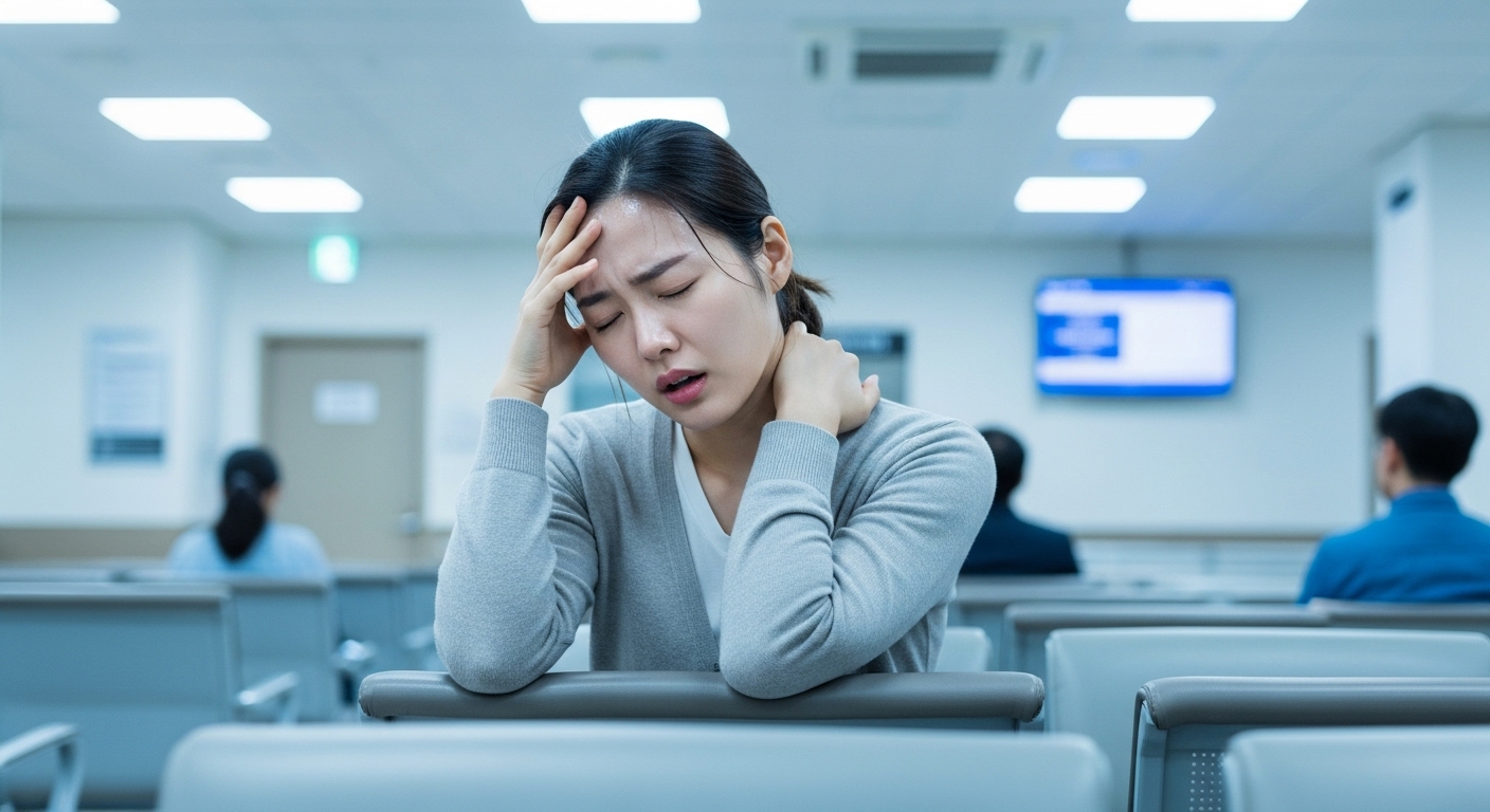 병원 대기실에서 구역질과 목 경직을 겪고 있는 여성
