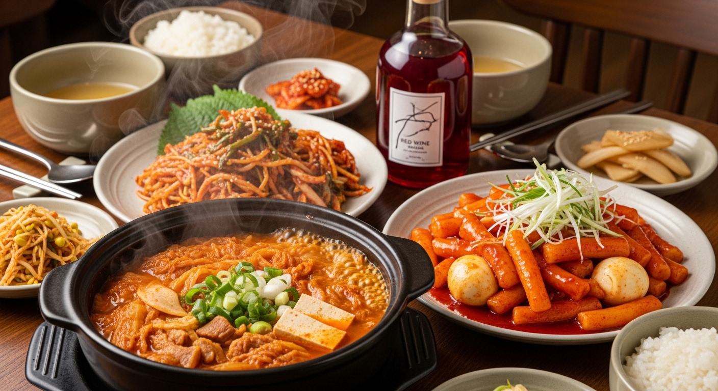 김치찌개와 떡볶이가 놓여 있는 한국식 밥상 옆의 레드와인 식초 병
