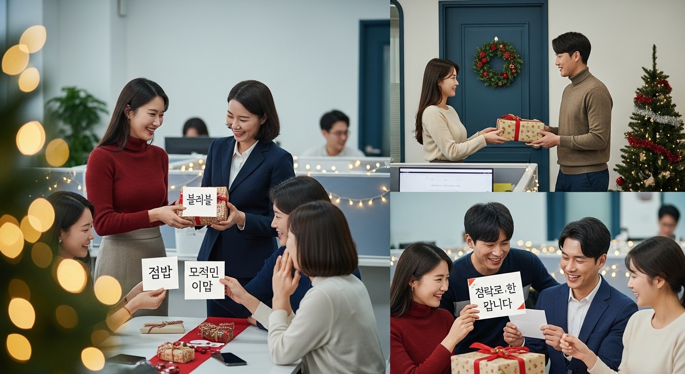 한국 사무실에서 동료들이 정성껏 준비한 선물과 개인화된 메시지를 주고받는 장면