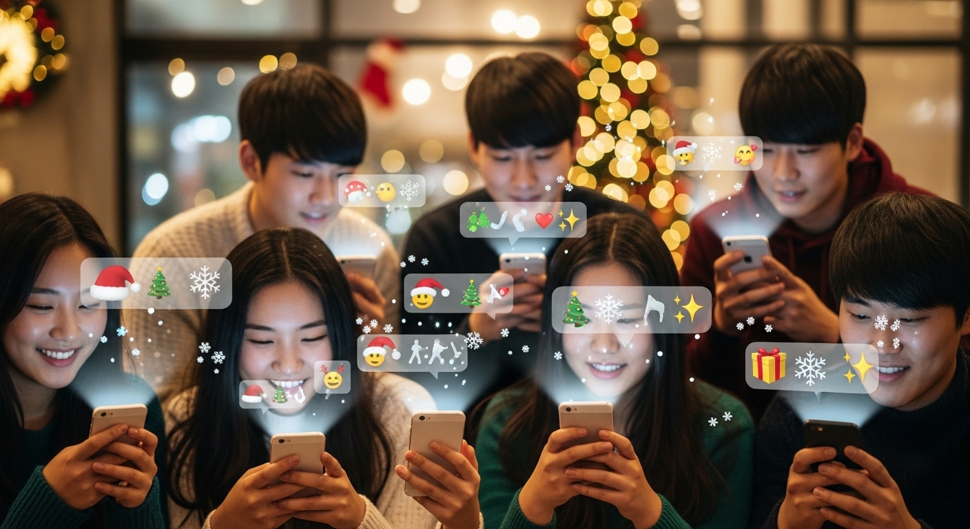 젊은 한국인들이 스마트폰으로 소셜 미디어에서 짧고 명확한 메시지를 교환하는 모습