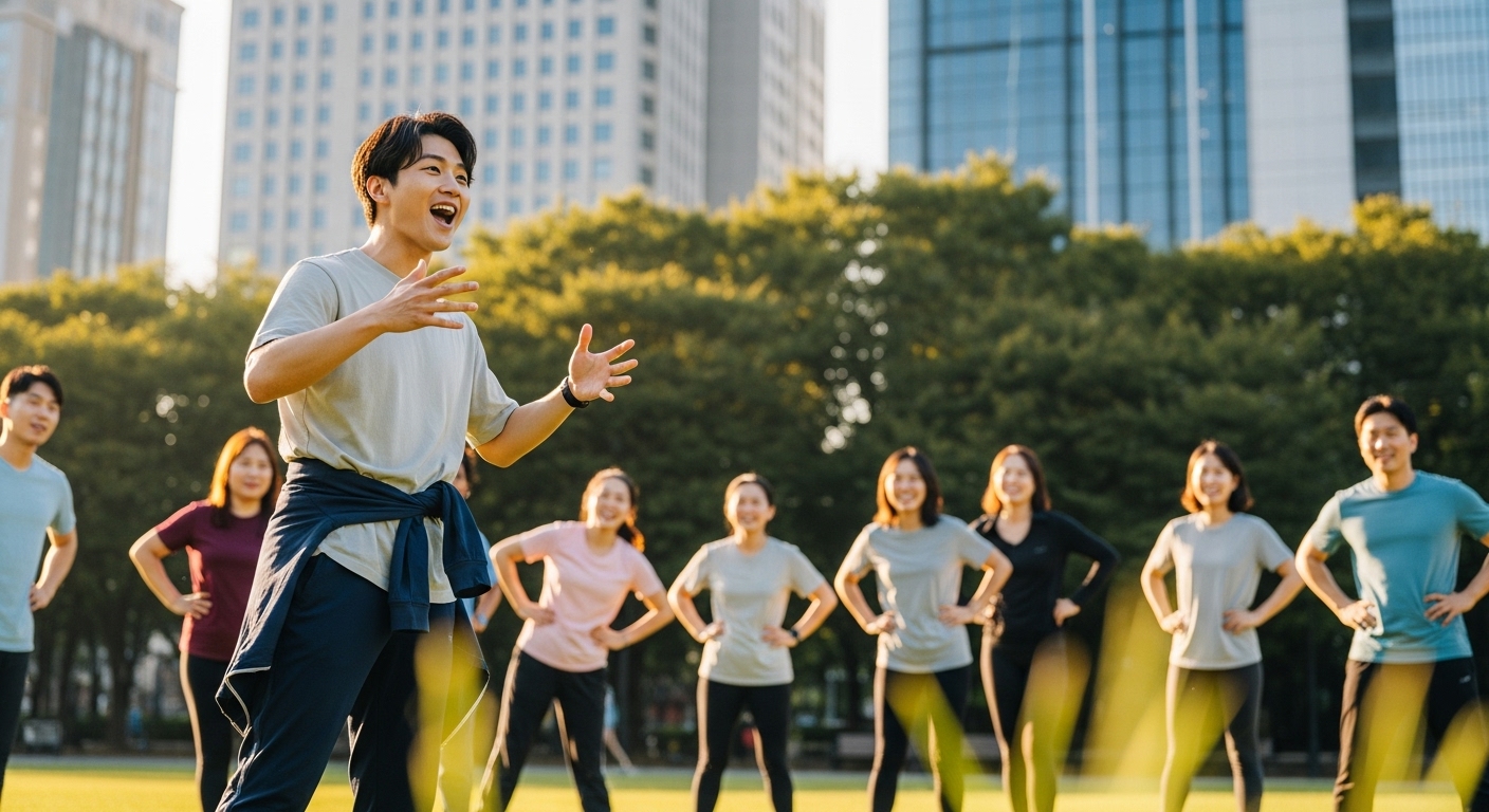 도심 공원에서 리더십을 발휘하며 그룹 활동을 이끄는 한국 젊은이