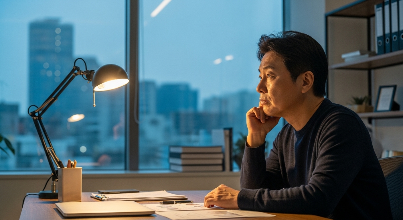 사무실에서 새로운 도전과 기회를 고민하는 중장년층 한국인의 모습