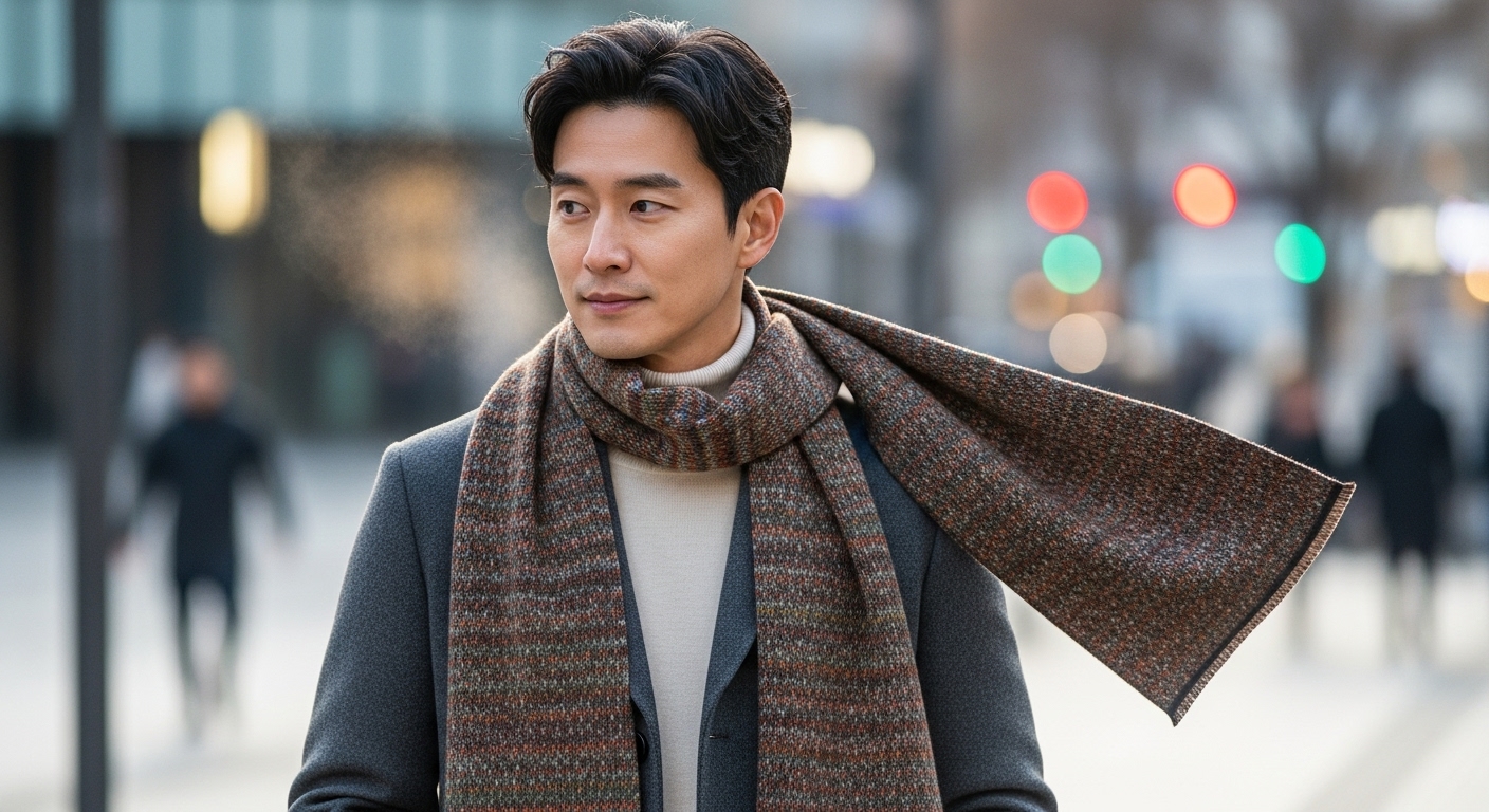 긴 패턴 목도리를 무심하게 걸친 남성의 모습