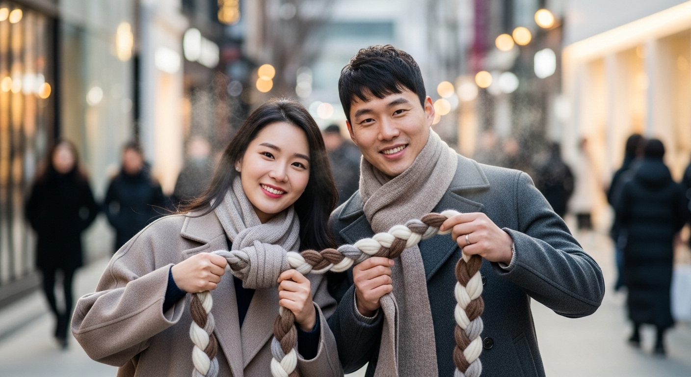 꽈배기형으로 목도리를 묶고 있는 커플의 따뜻하고 세련된 모습
