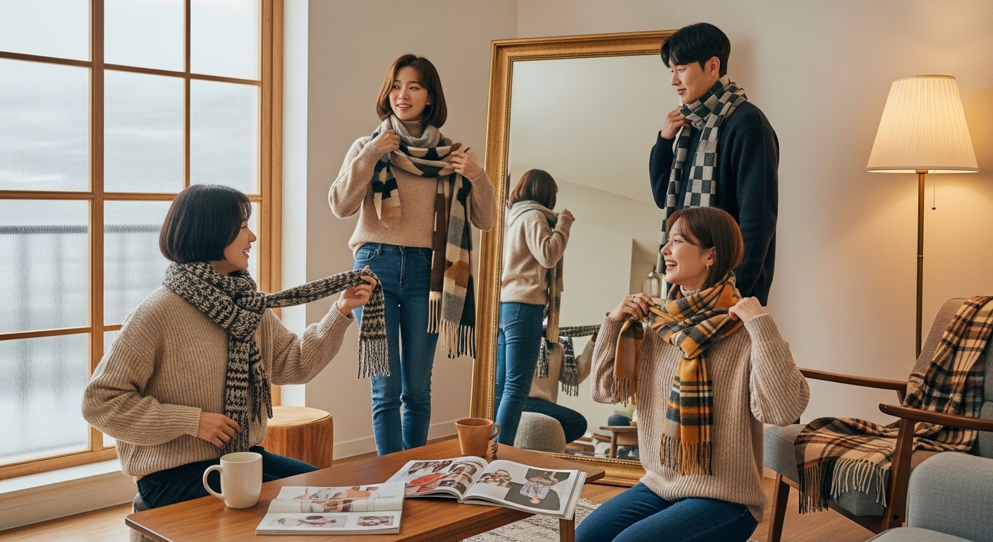 집에서 다양한 스타일로 목도리를 연출하며 창의성과 개성을 표현하는 젊은이들