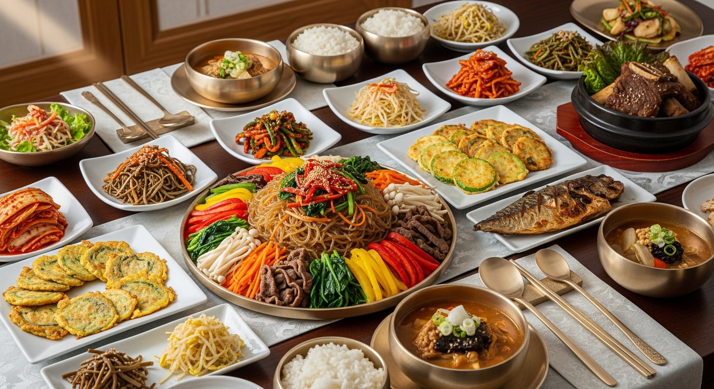 전통적인 한국 연회 테이블에 다양한 채소와 고기가 어우러진 잡채가 담긴 모습