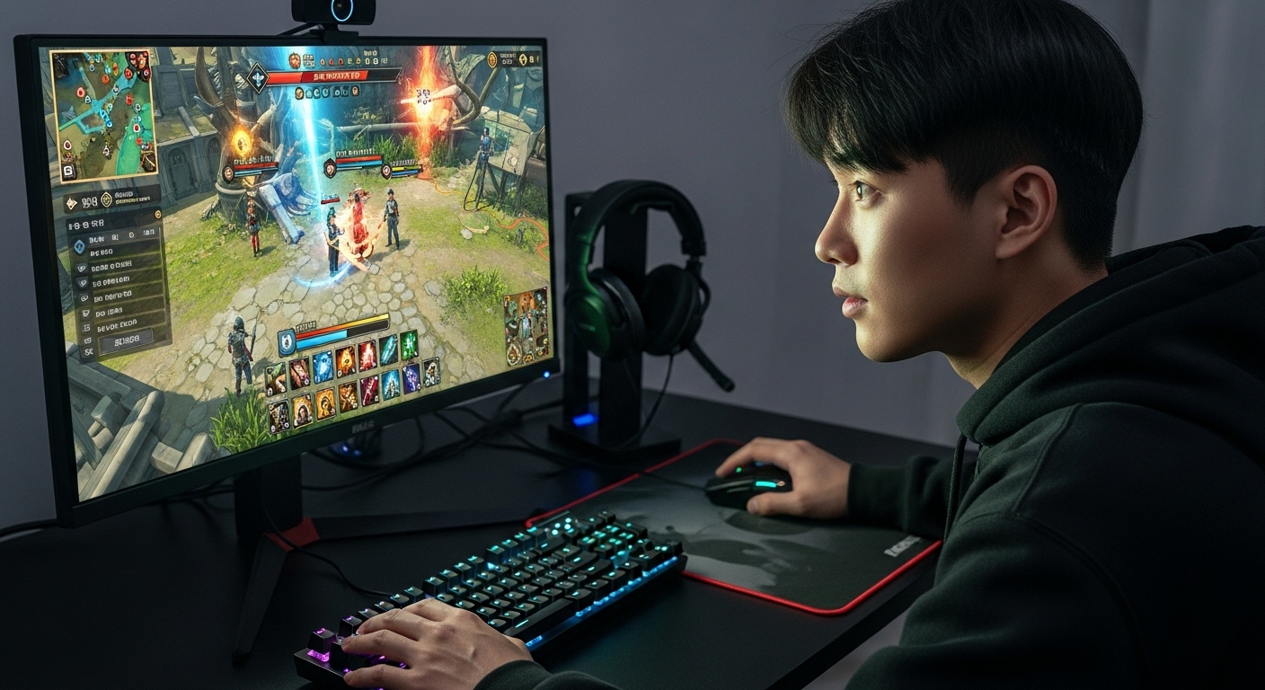 컴퓨터 앞에서 게임에 집중하고 있는 젊은 게이머