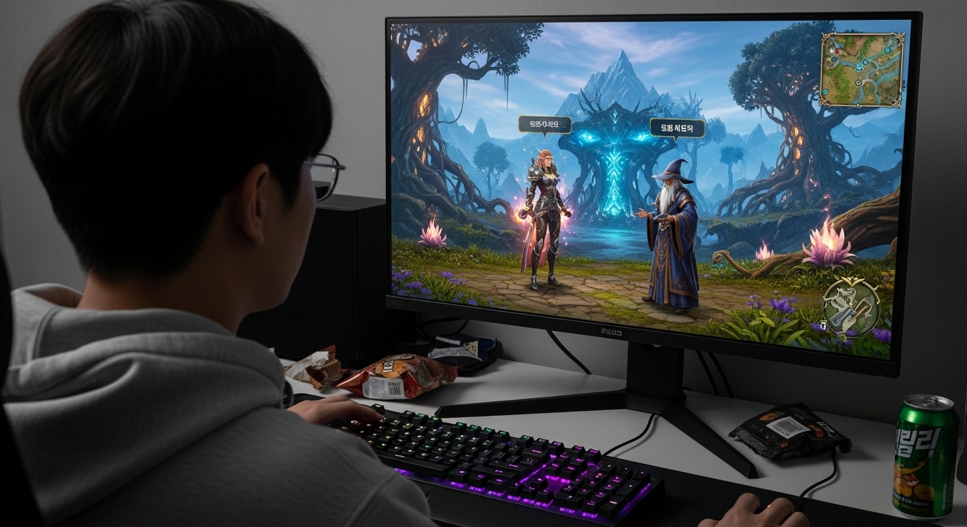 가상 퀘스트를 완료 중인 게이머와 디지털 풍경