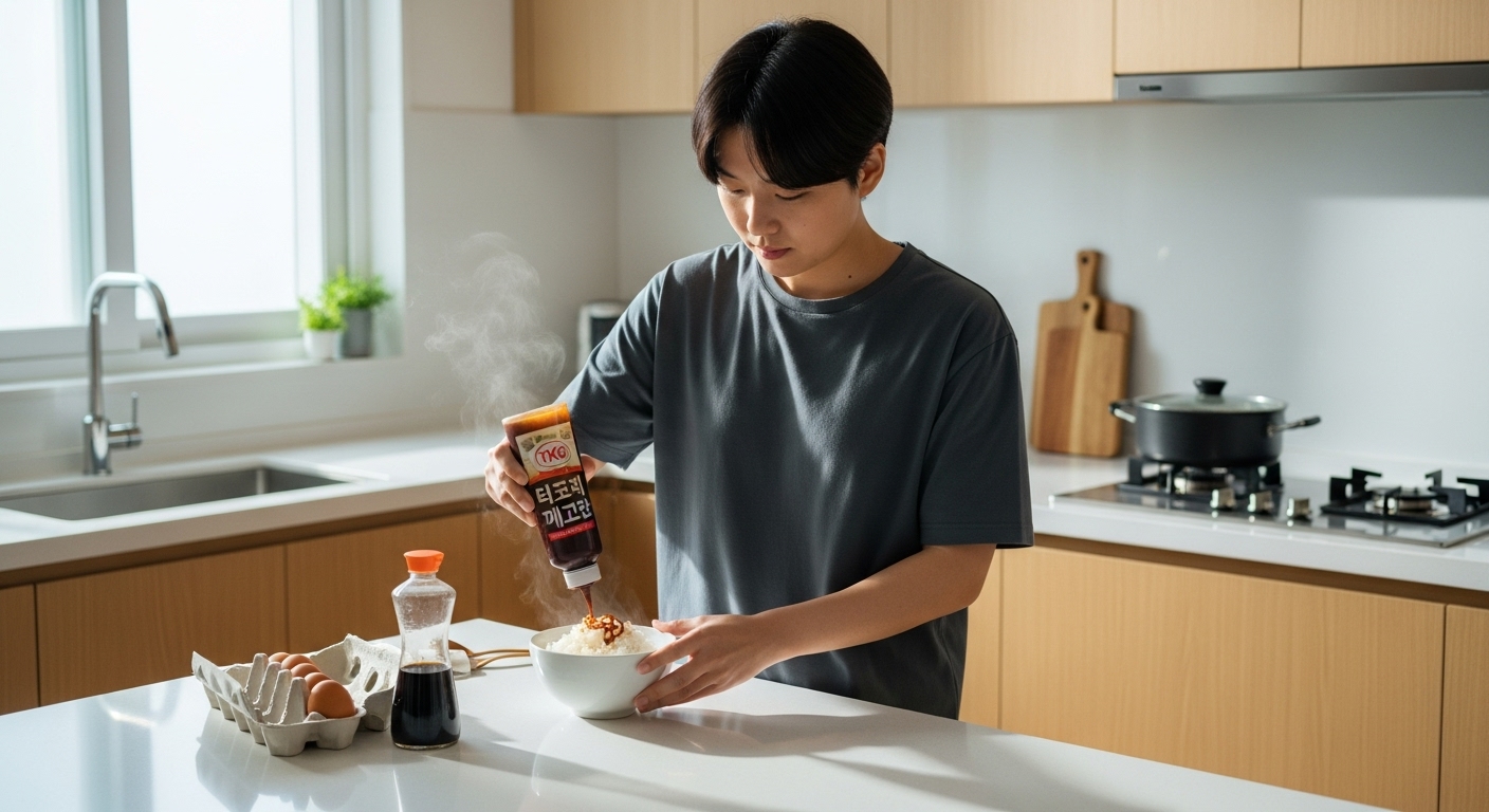현대적인 주방에서 간편한 아침 식사를 준비하는 젊은이의 모습