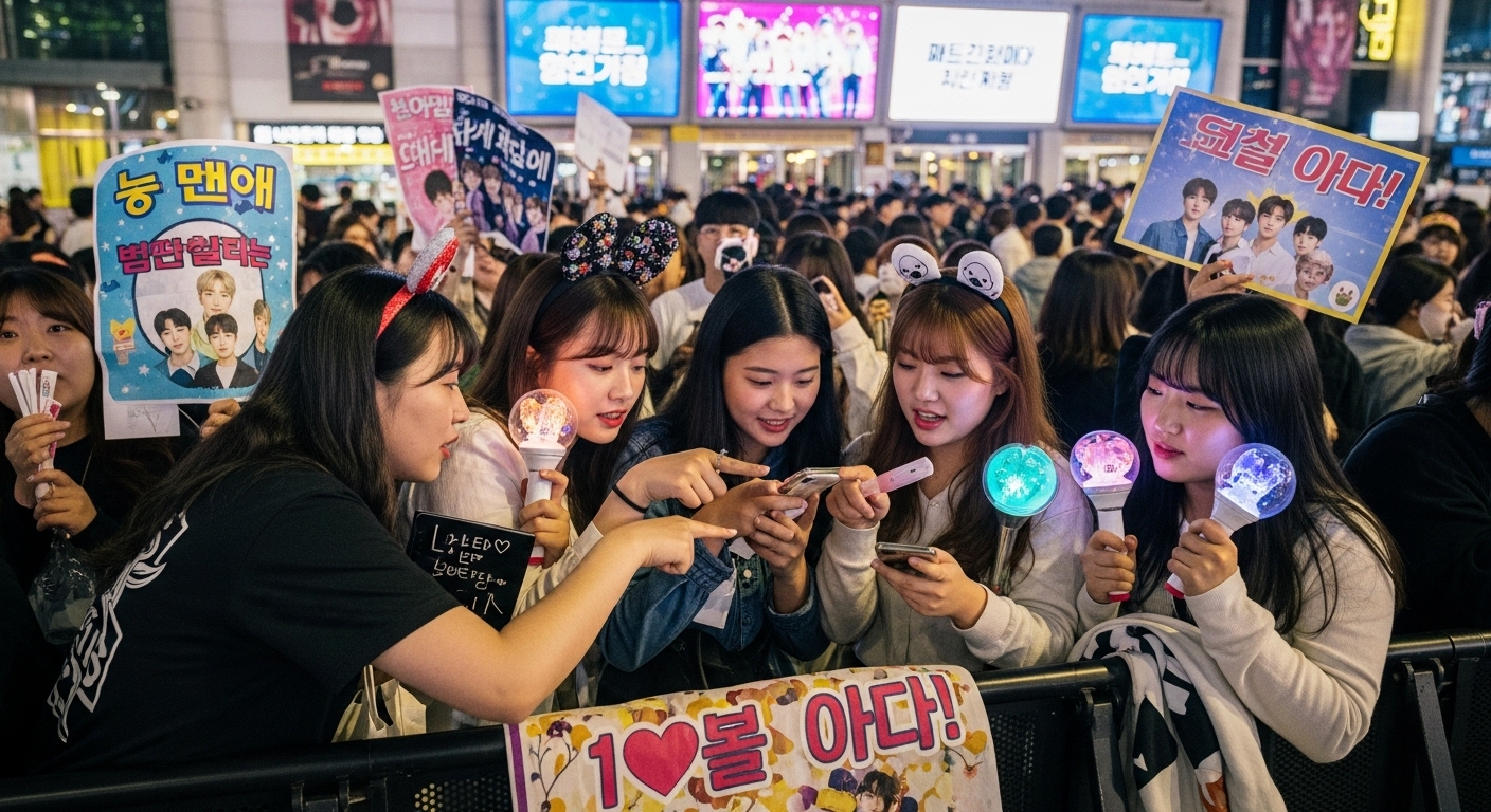 콘서트장 앞에서 티켓팅 전략을 논의하며 플래카드를 들고 있는 팬들