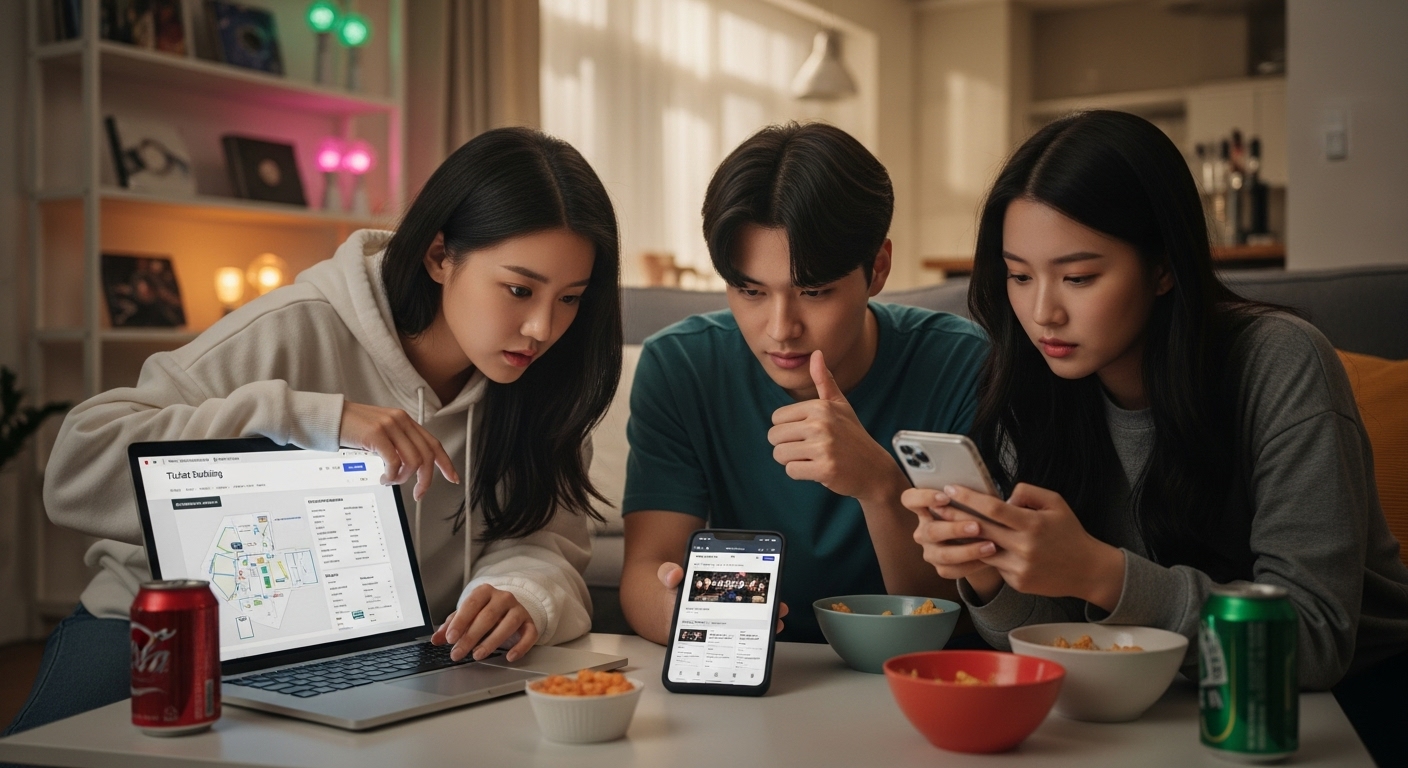 집에서 모바일과 노트북을 통해 콘서트 티켓을 예약하는 팬들 모습