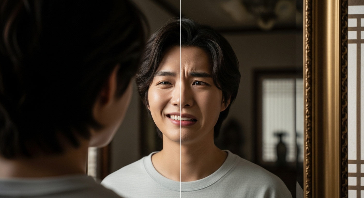 거울 앞에서 자신을 바라보는 젊은 사람의 두 가지 모습