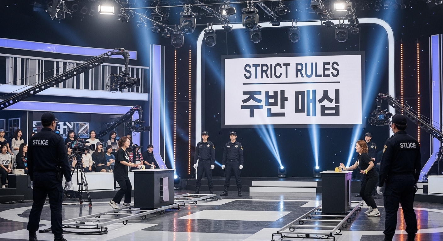 현실 쇼 촬영장에서 엄격한 규칙을 지키며 참가자들을 감독하는 보안 요원들