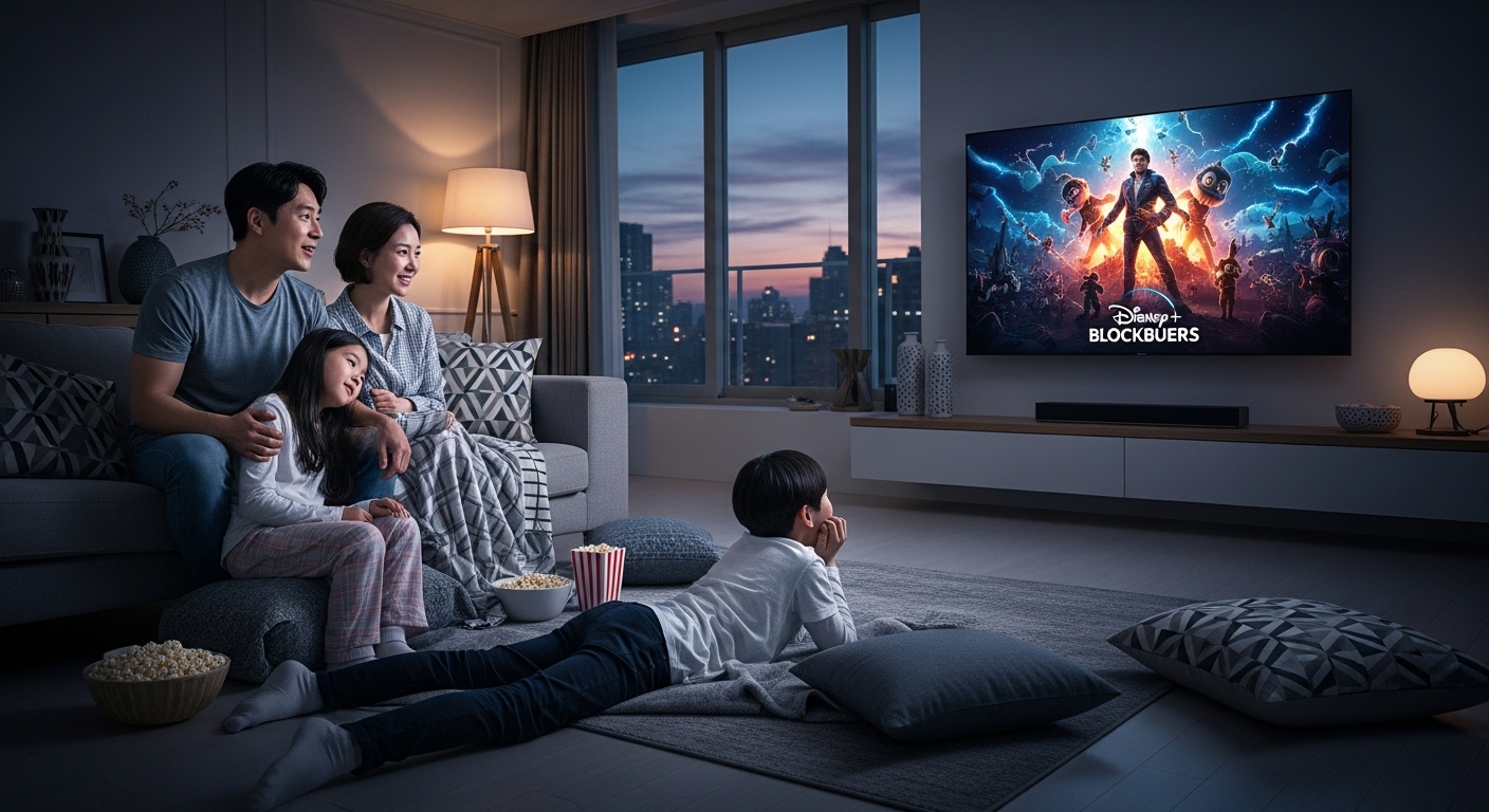 거실에서 큰 TV 화면으로 디즈니 플러스 블록버스터를 시청하는 가족의 모습