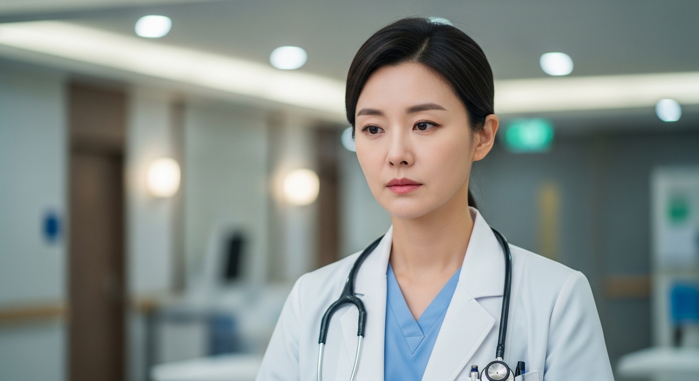 현대 병원에서 깊은 생각에 잠긴 여성 산부인과 의사 모습