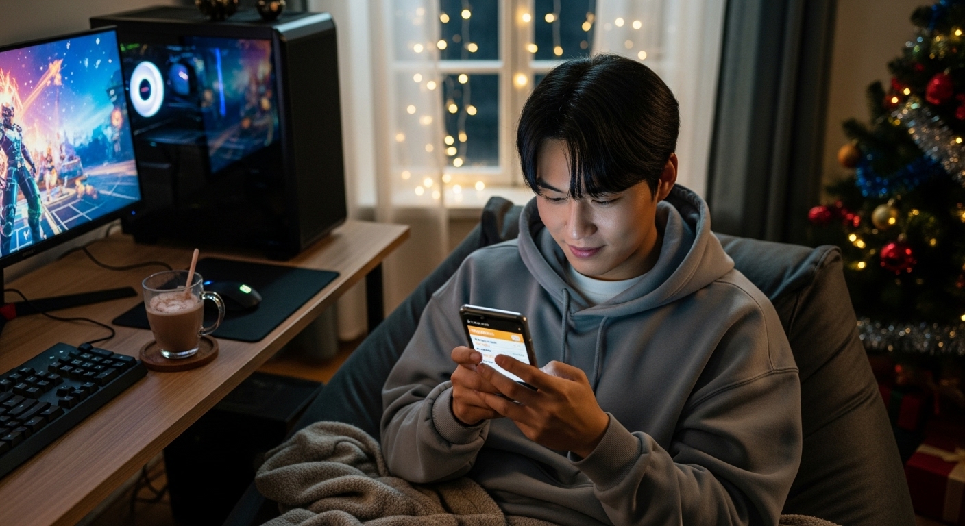 스마트폰으로 최신 쿠폰 코드를 확인하는 게이머의 모습