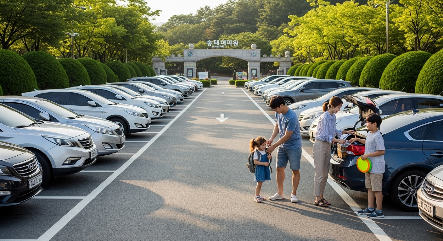 넓은 주차장에 주차된 자동차들, 공원 입구로 향하는 가족