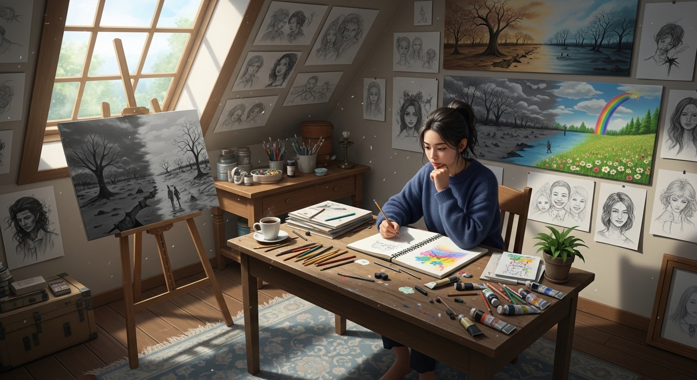 작은 다락방 스튜디오에서 꿈과 희망을 그리며 밝은 미래를 상상하는 젊은 예술가