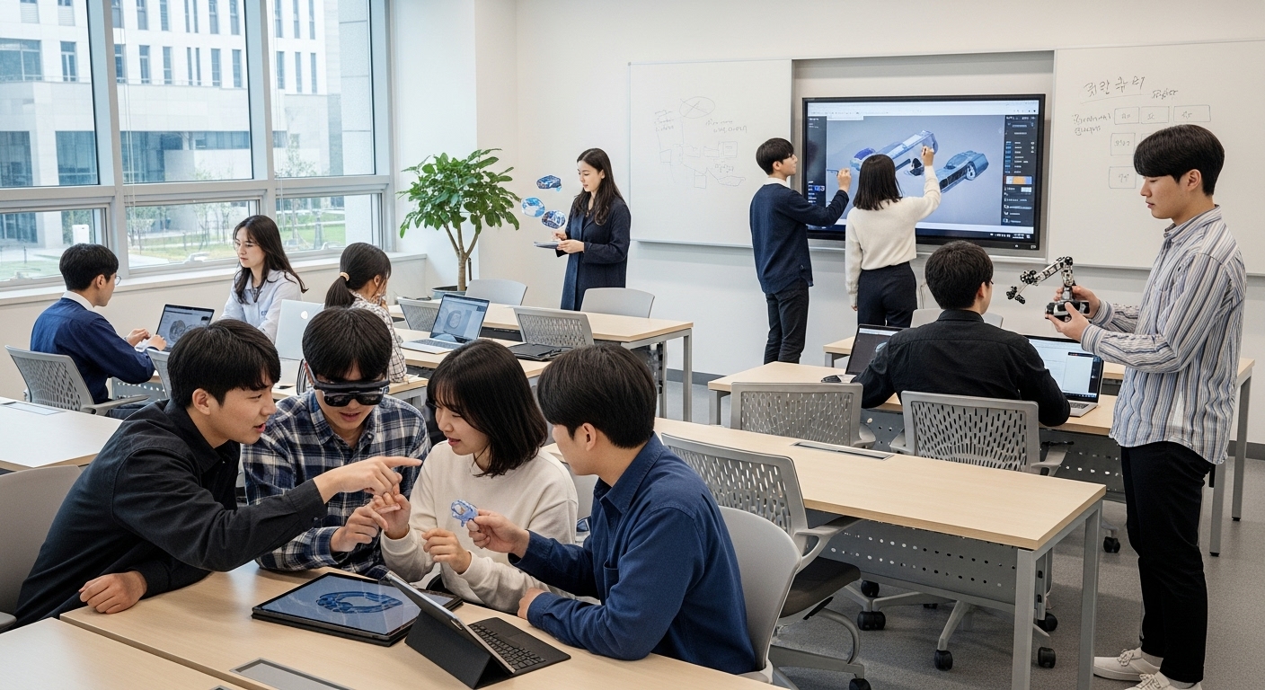 한국 대학생들이 최신 기술을 활용한 프로젝트 기반 학습에 참여하는 모습