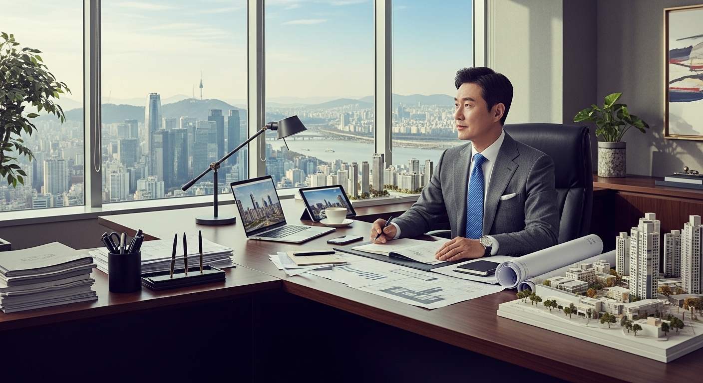 서울의 스카이라인을 배경으로 한 현대적 사무실에서 일하는 비즈니스맨