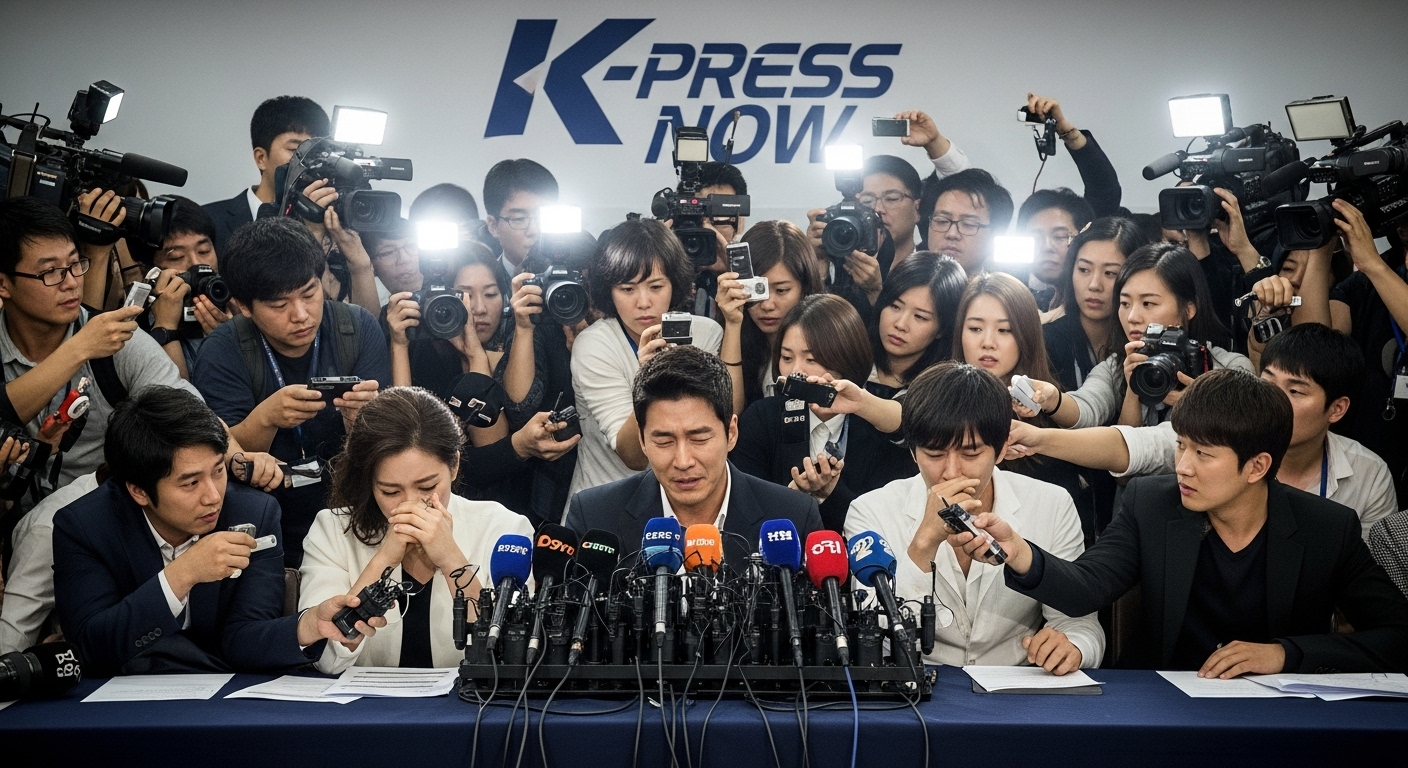 스캔들에 휘말린 한국 유명인들이 기자회견에서 언론의 집중을 받는 모습