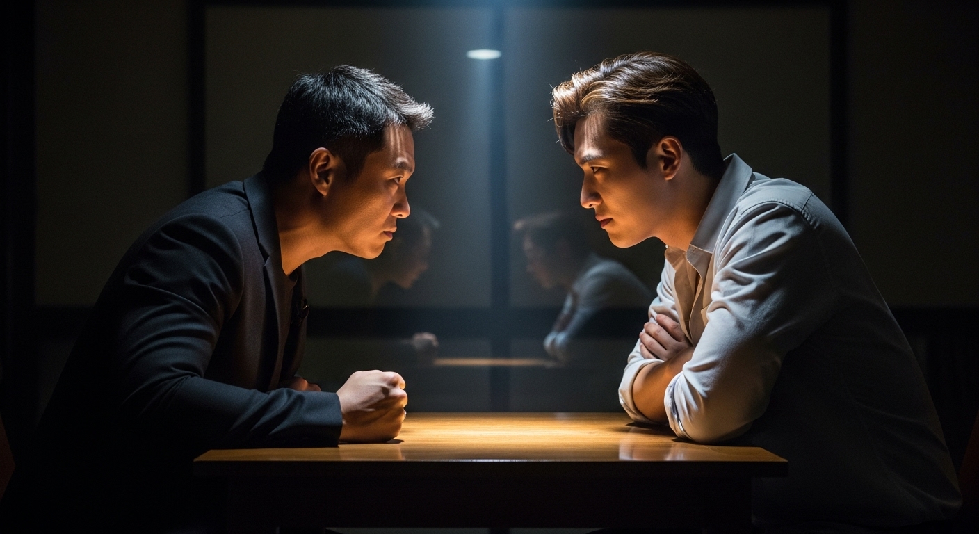 리얼리티 쇼 대결 중 어두운 방에서 두 남자 사이에 흐르는 긴장감 있는 장면