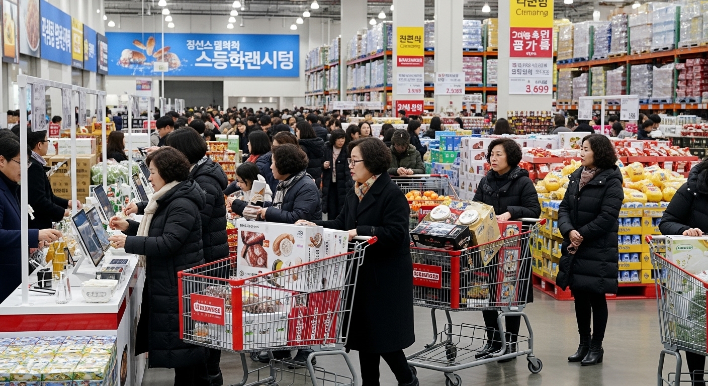 겨울 시즌을 맞아 활기찬 분위기의 코스트코 내부에서 새로운 상품을 살펴보는 사람들