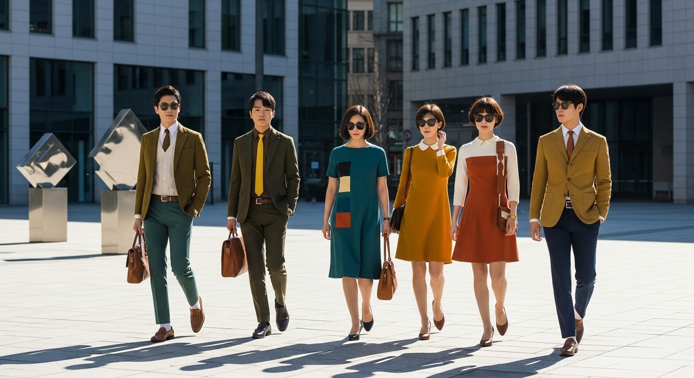 세련된 모드 빈티지 스타일로 차려 입은 젊은 한국인들