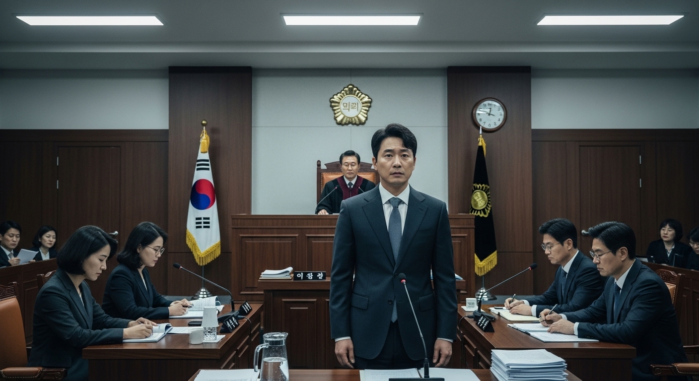 법정에서 피고석에 서 있는 정장 차림의 남성