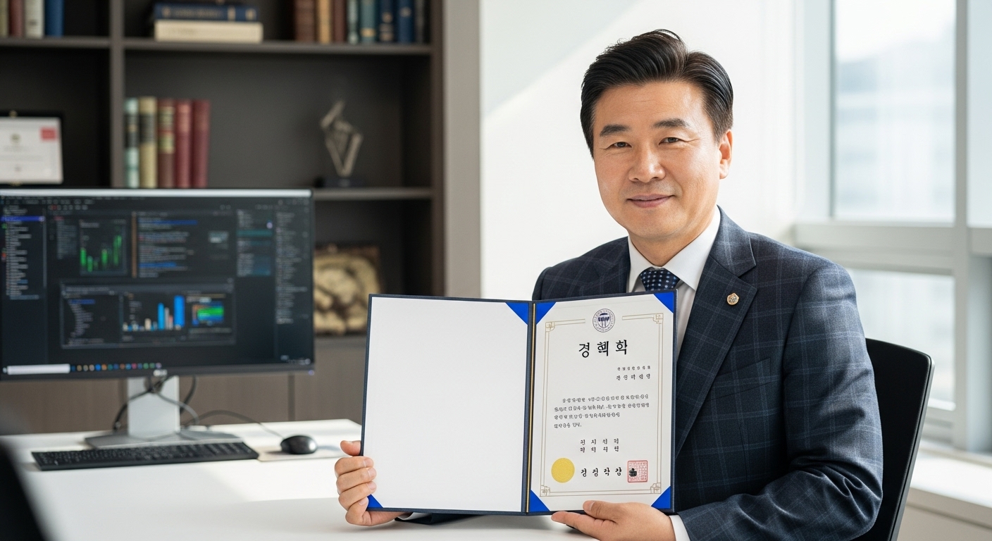 중년 남성이 경희대학교 졸업장을 들고 있는 현대적인 오피스 환경