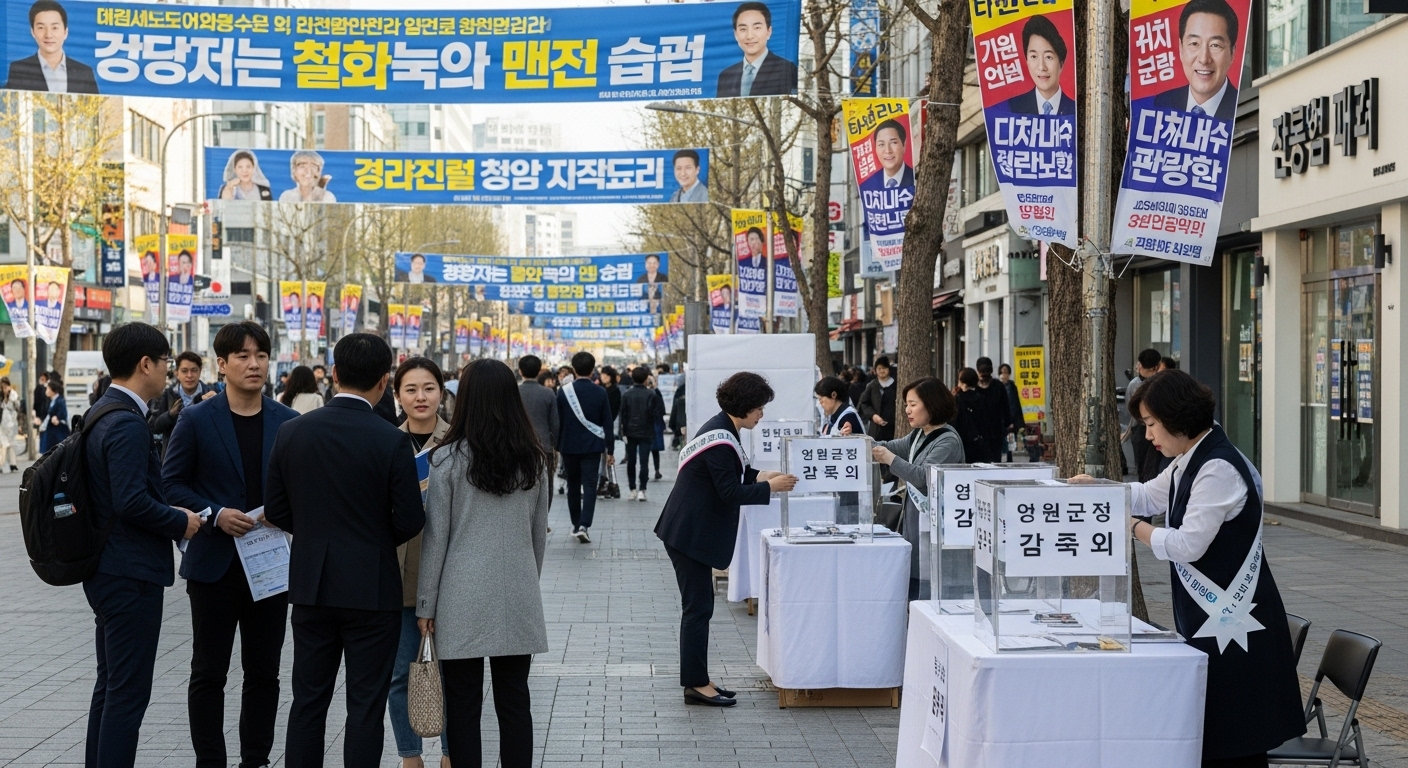 서울 거리에서 선거 포스터와 현수막이 보이는 활기찬 장면
