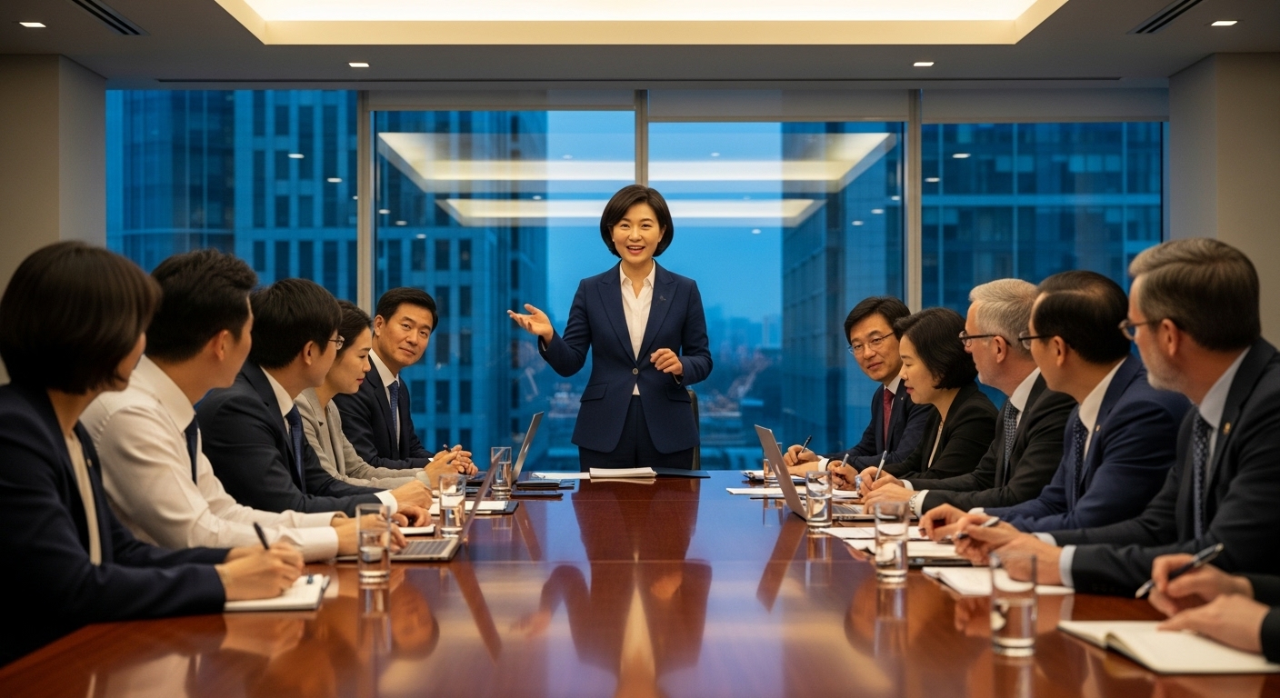 다양한 구성원의 전략 회의를 주도하는 자신감 넘치는 한국 정치인